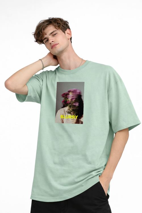 Blurry - Oversize Erkek Tişört SU YESILI