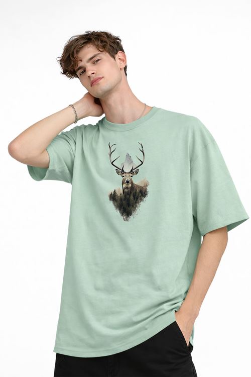 Deer - Oversize Erkek Tişört SU YESILI