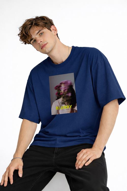 Blurry - Oversize Erkek Tişört Koyu Mavi