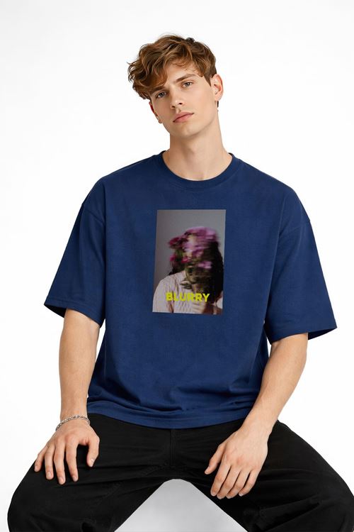 Blurry - Oversize Erkek Tişört Koyu Mavi
