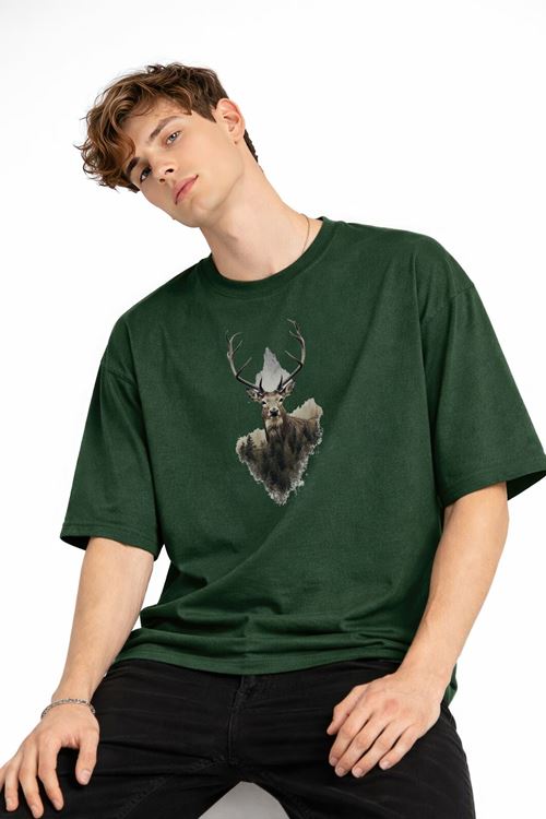 Deer - Oversize Erkek Tişört HAKI