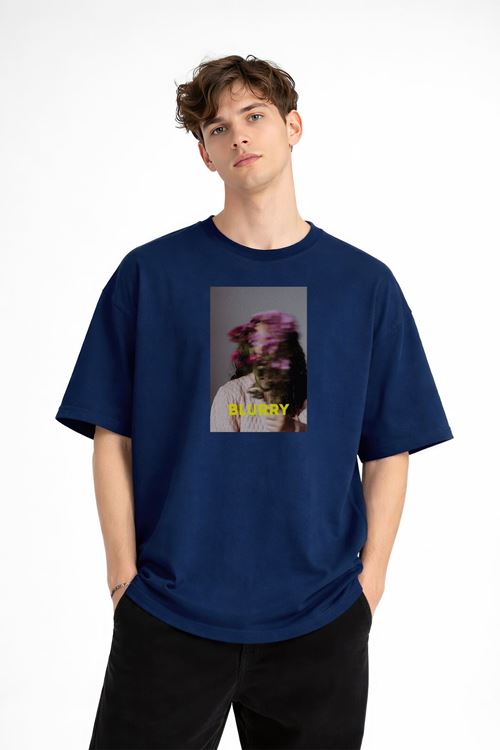 Blurry - Oversize Erkek Tişört Koyu Mavi