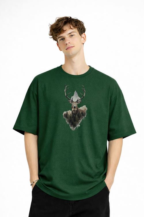 Deer - Oversize Erkek Tişört HAKI
