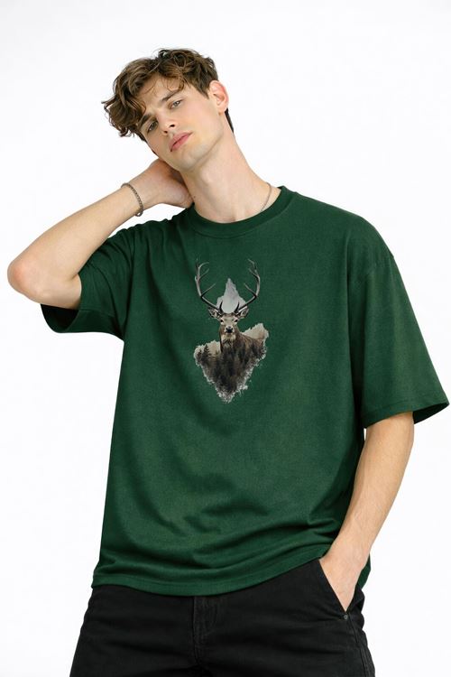 Deer - Oversize Erkek Tişört HAKI