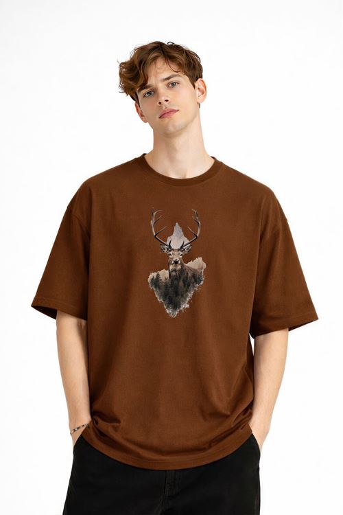 Deer - Oversize Erkek Tişört KAHVE