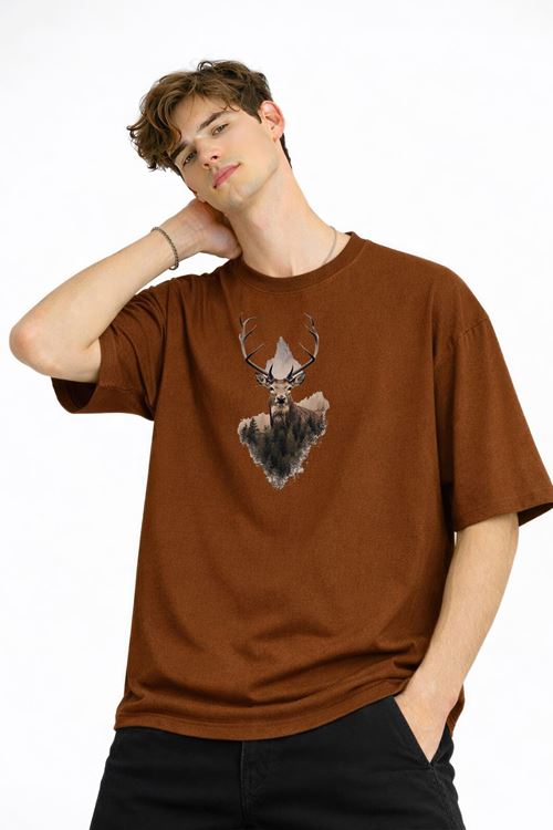 Deer - Oversize Erkek Tişört KAHVE