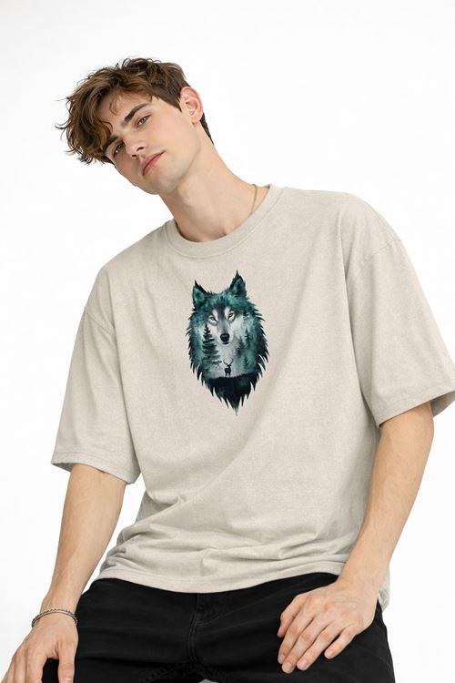 Wolf - Oversize Erkek Tişört BEJ