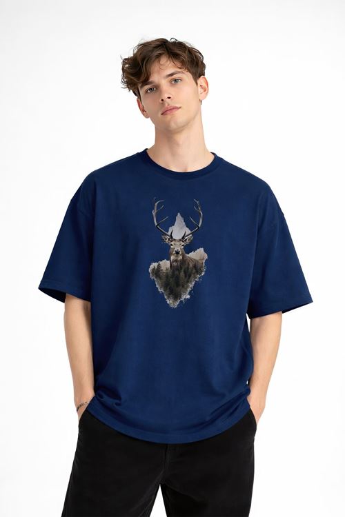 Deer - Oversize Erkek Tişört Koyu Mavi