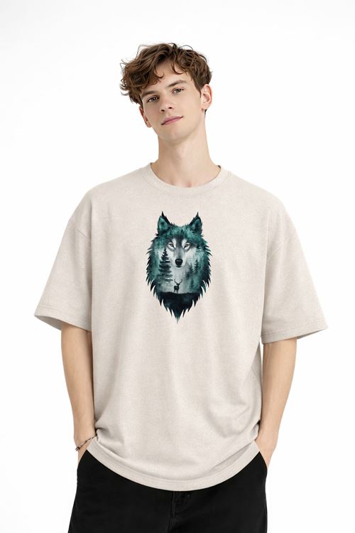 Wolf - Oversize Erkek Tişört BEJ