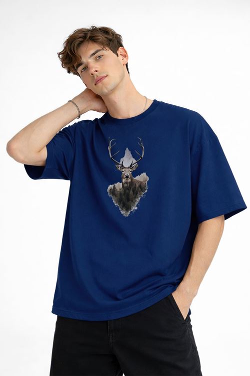 Deer - Oversize Erkek Tişört Koyu Mavi