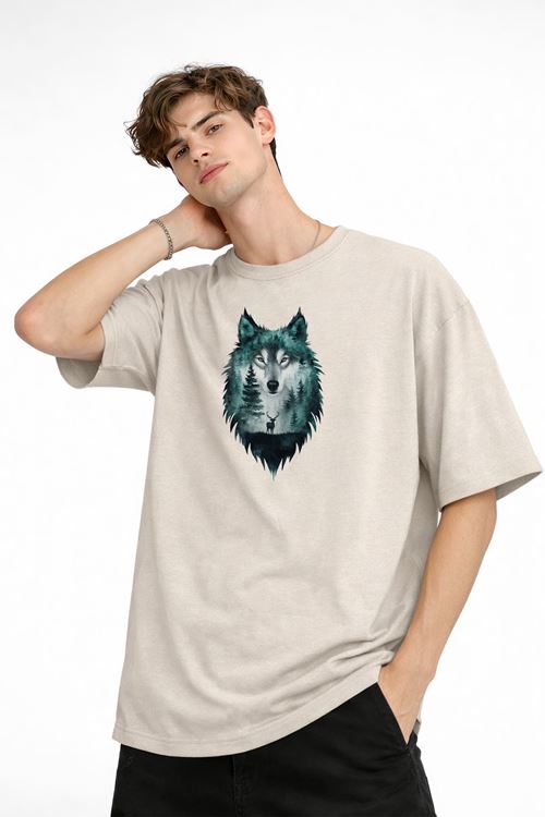 Wolf - Oversize Erkek Tişört BEJ
