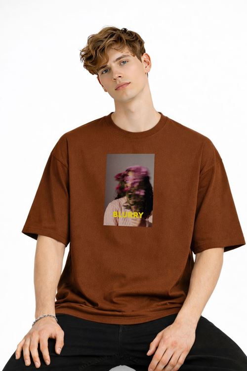 Blurry - Oversize Erkek Tişört KAHVE