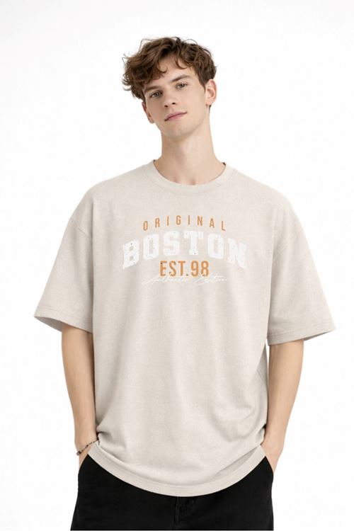 Boston - Baskılı Oversize Tişört BEJ