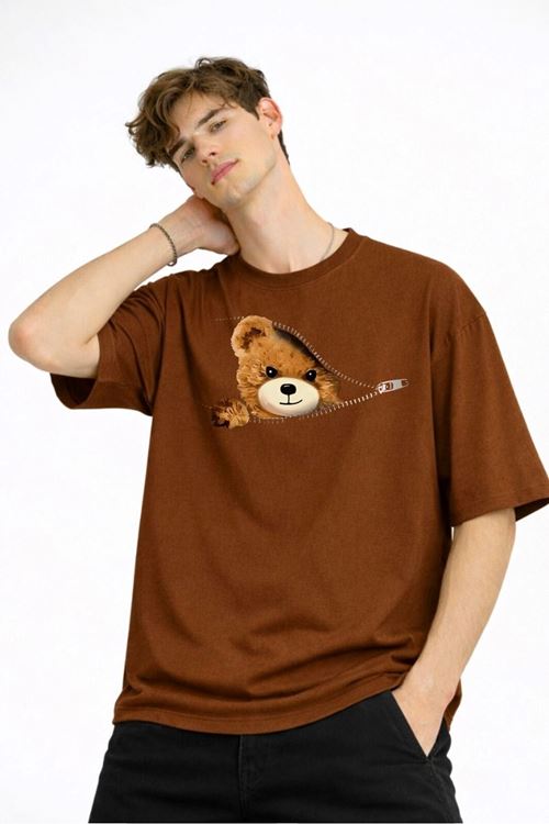 CH - Bear Baskılı Oversize Tişört KAHVE