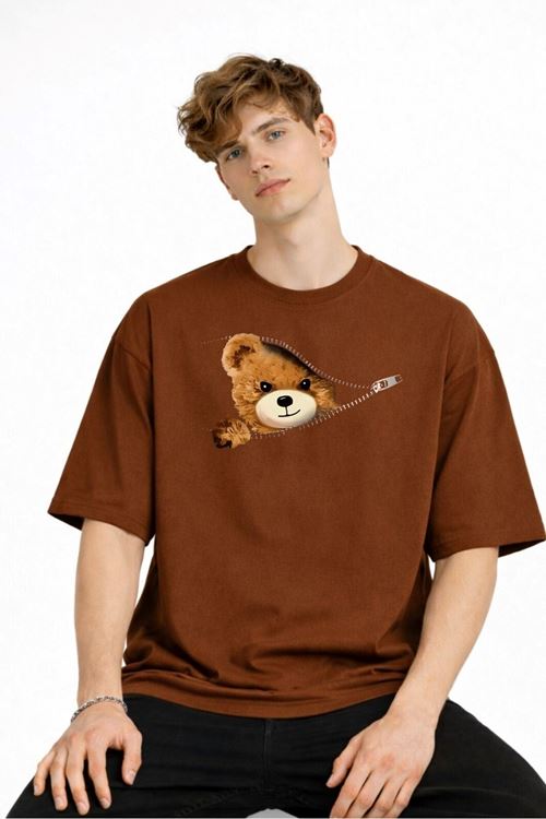 CH - Bear Baskılı Oversize Tişört KAHVE