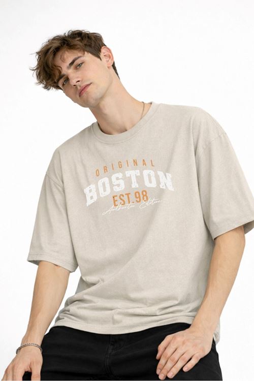 Boston - Baskılı Oversize Tişört BEJ