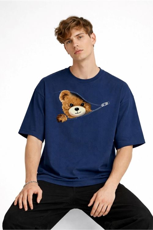 CH - Bear Baskılı Oversize Tişört LACIVERT