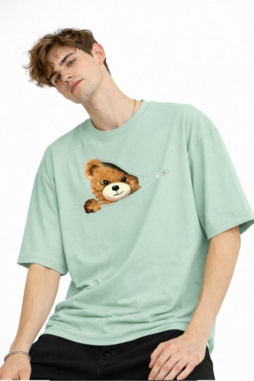 CH - Bear Baskılı Oversize Tişört SU YESILI