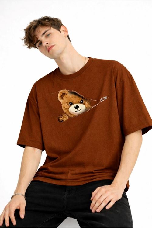 CH - Bear Baskılı Oversize Tişört KAHVE