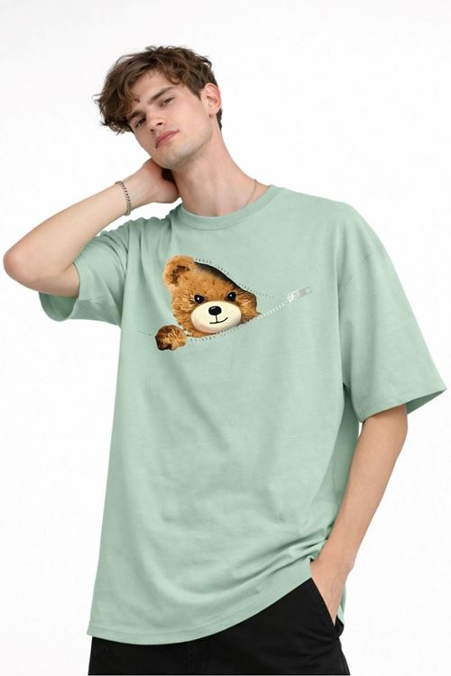 CH - Bear Baskılı Oversize Tişört SU YESILI
