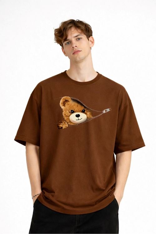 CH - Bear Baskılı Oversize Tişört KAHVE