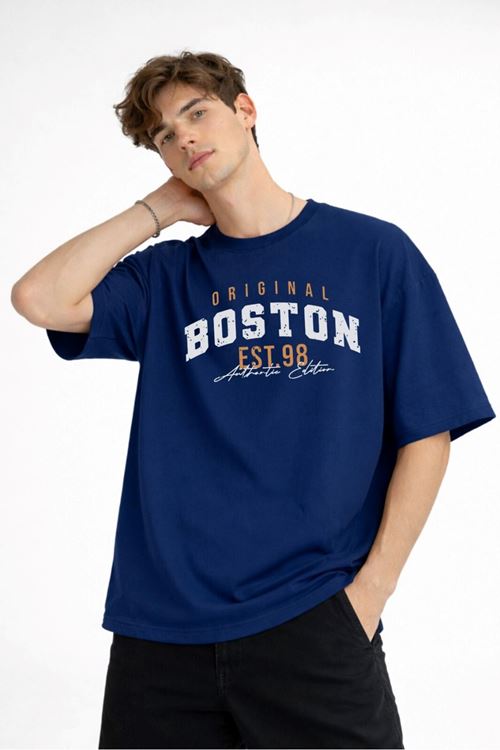 Boston - Baskılı Oversize Tişört LACIVERT