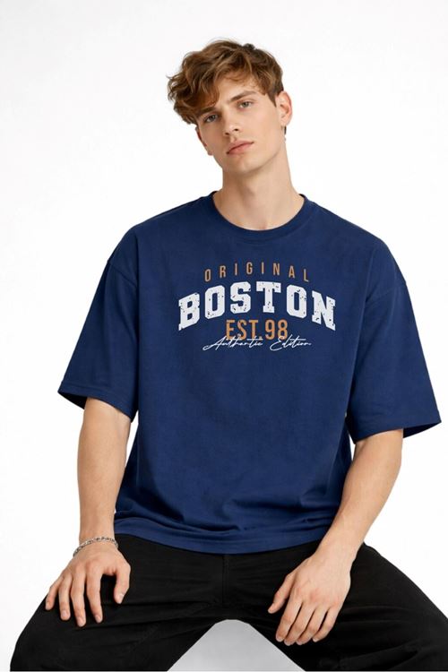Boston - Baskılı Oversize Tişört LACIVERT