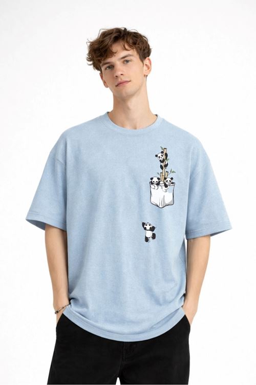 Panda - Baskılı Oversize Tişört AÇIK MAVİ