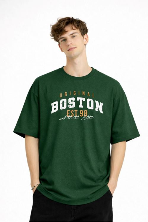 Boston - Baskılı Oversize Tişört HAKI