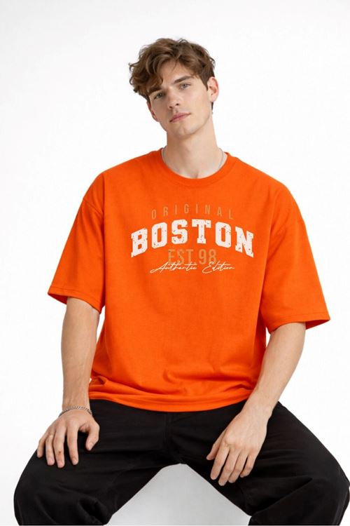 Boston - Baskılı Oversize Tişört TURUNCU