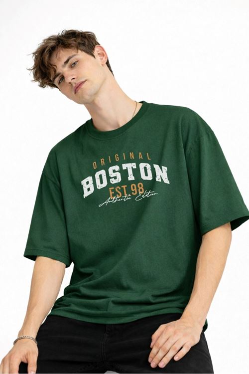 Boston - Baskılı Oversize Tişört HAKI