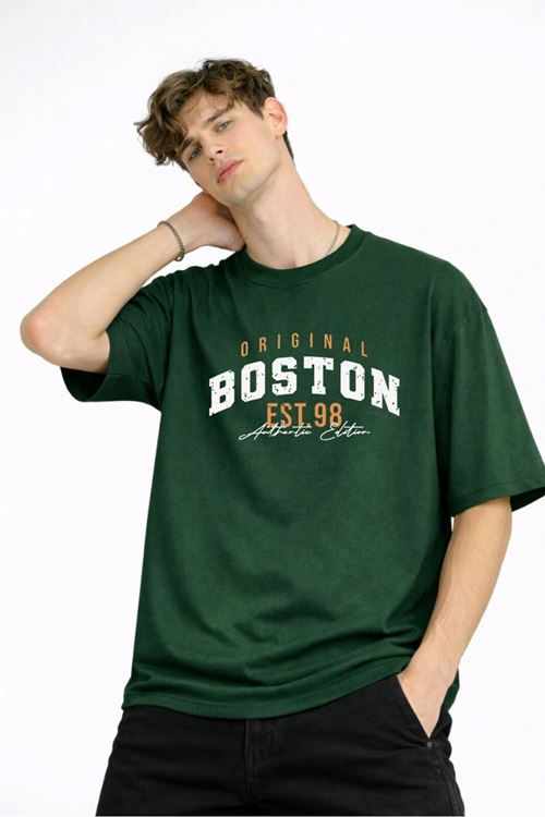 Boston - Baskılı Oversize Tişört HAKI