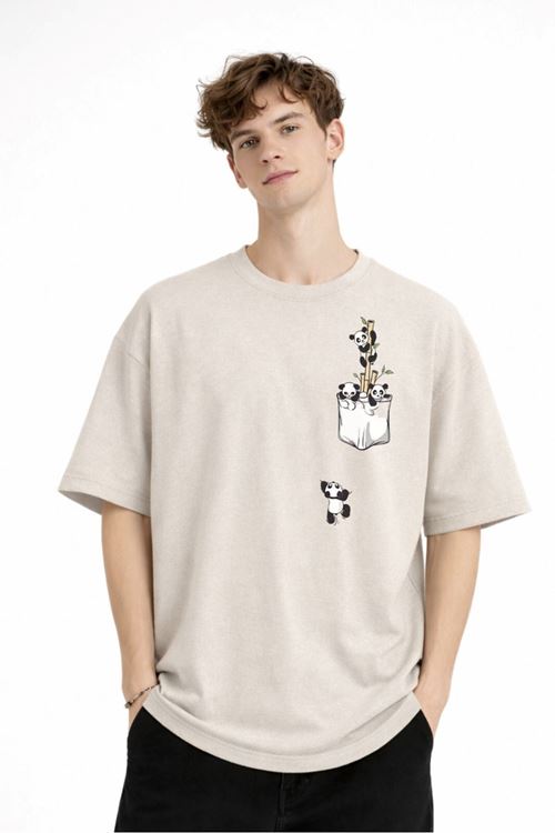 Panda - Baskılı Oversize Tişört BEJ
