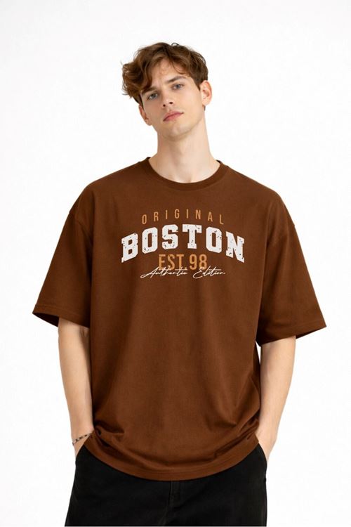 Boston - Baskılı Oversize Tişört KAHVE