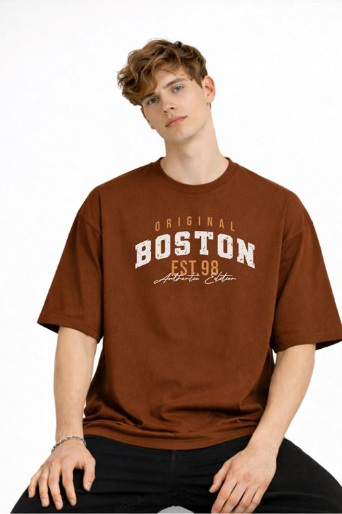 Boston - Baskılı Oversize Tişört KAHVE