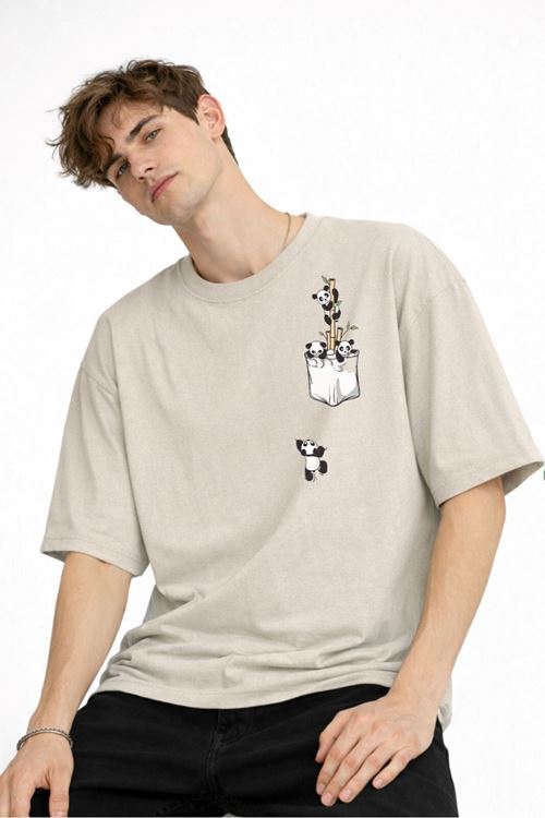 Panda - Baskılı Oversize Tişört BEJ