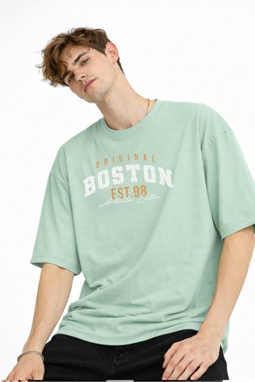 Boston - Baskılı Oversize Tişört SU YESILI