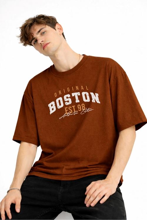 Boston - Baskılı Oversize Tişört KAHVE