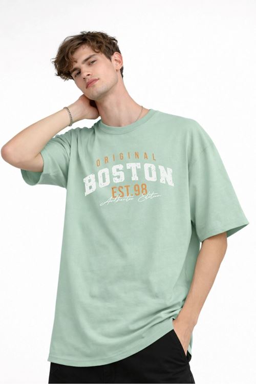 Boston - Baskılı Oversize Tişört SU YESILI