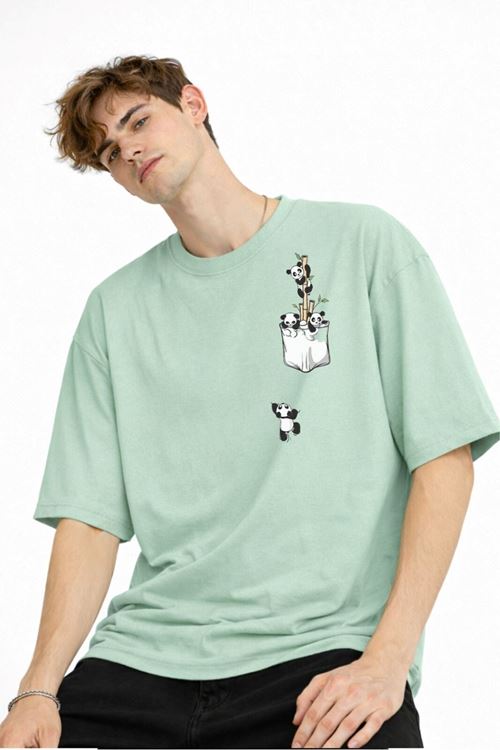 Panda - Baskılı Oversize Tişört SU YESILI
