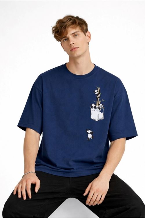 Panda - Baskılı Oversize Tişört LACIVERT