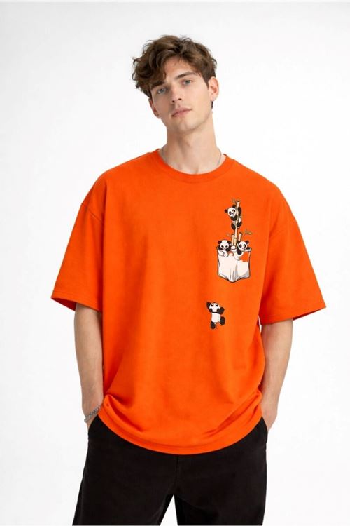 Panda - Baskılı Oversize Tişört TURUNCU