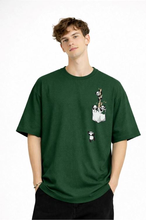 Panda - Baskılı Oversize Tişört HAKI