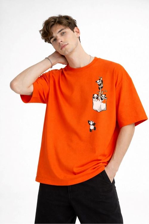 Panda - Baskılı Oversize Tişört TURUNCU