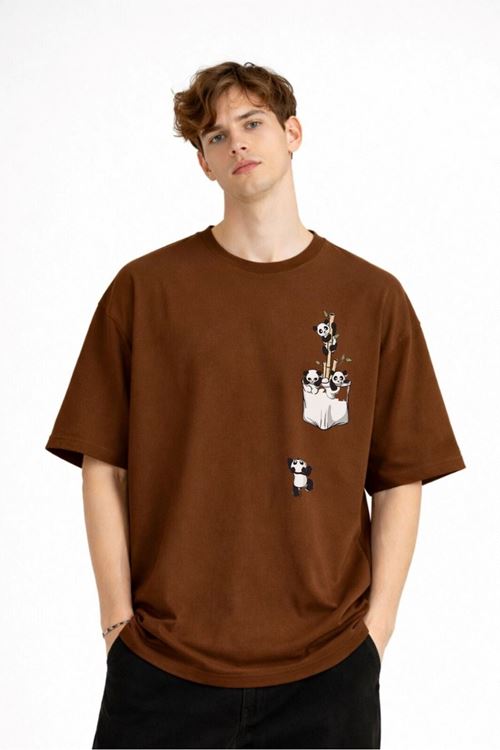 Panda - Baskılı Oversize Tişört KAHVE