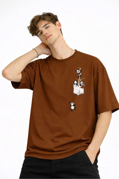 Panda - Baskılı Oversize Tişört KAHVE