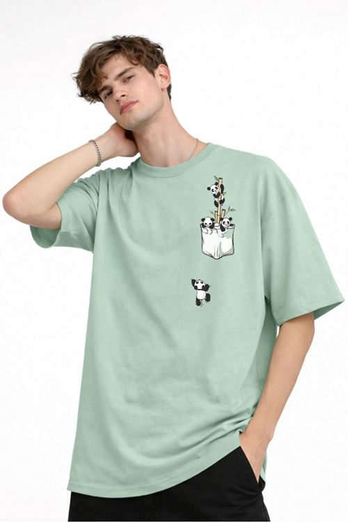 Panda - Baskılı Oversize Tişört SU YESILI