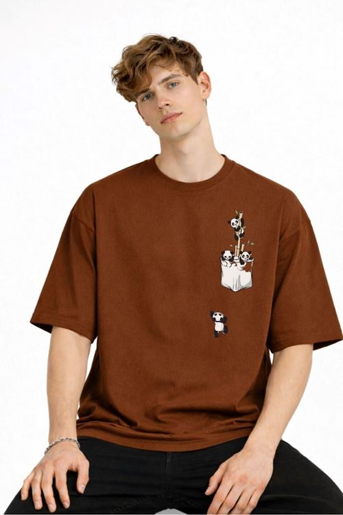 Panda - Baskılı Oversize Tişört KAHVE