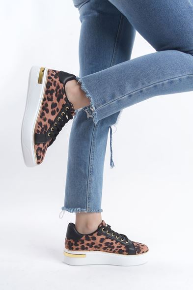 MINA Bağcıklı Ortopedik Taban Leopar Desenli Kadın Sneaker Spor Ayakkabı TBT - Kahverengi