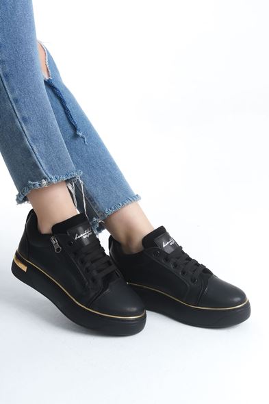 DINA Bağcıklı Fermuarlı Ortopedik Taban Kadın Sneaker Spor Ayakkabı CST - Siyah/Altın
